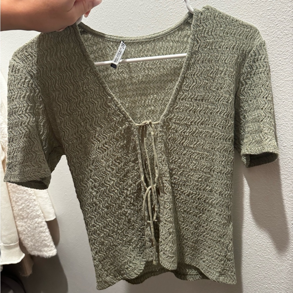 Zara Sage Green Textured Tie-Front Blouse
